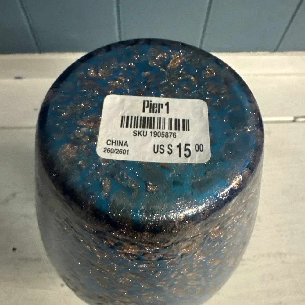 Pier 1 Imports ‎ Art Glass Milano Amphora Teal Blue Gold 8